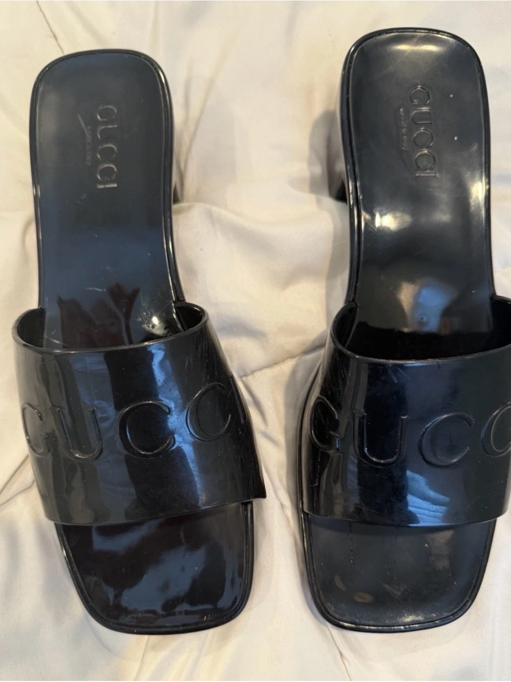 Gucci Black Patent Embossed Logo Slide Mules